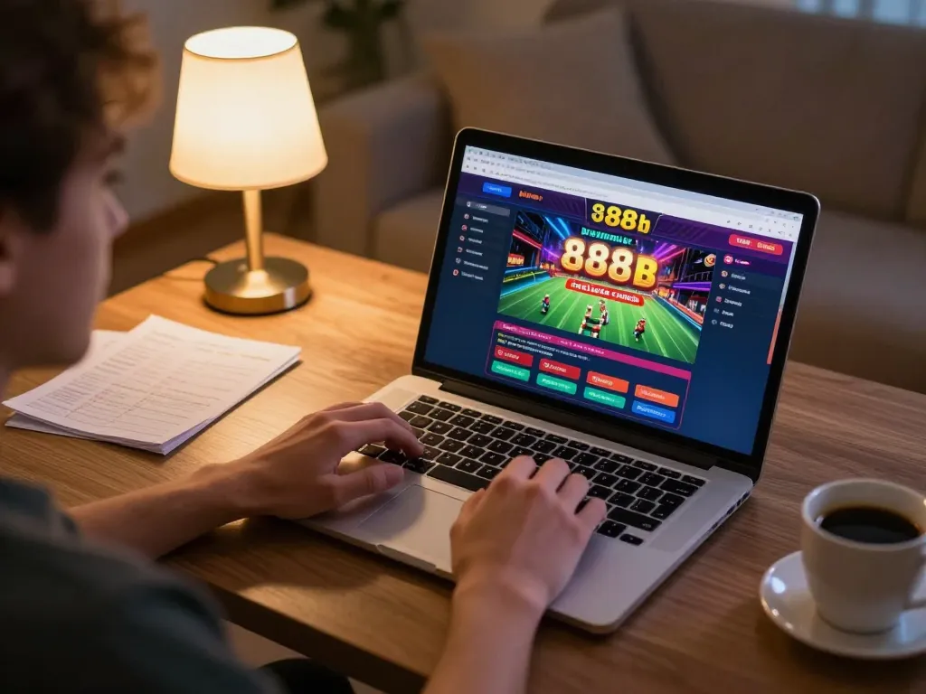 Engaging online gaming with 888b interface on a laptop, showcasing a cozy home environment.