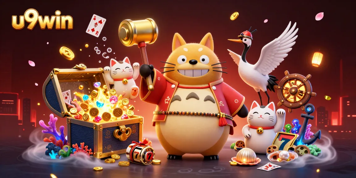 Win big with u9win’s colorful casino themed 3D illustration featuring enchanting characters and vibrant gameplay elements.