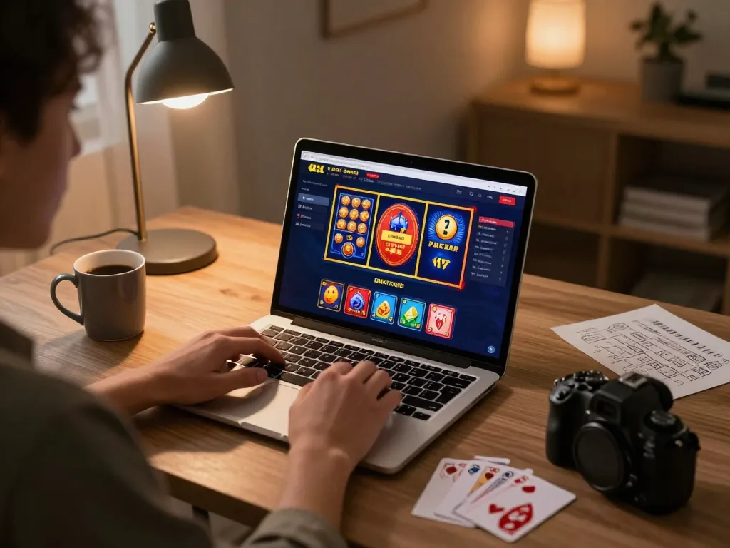 Engaging in online slots gameplay at tg88 on a laptop, showcasing a cozy home gaming setup.