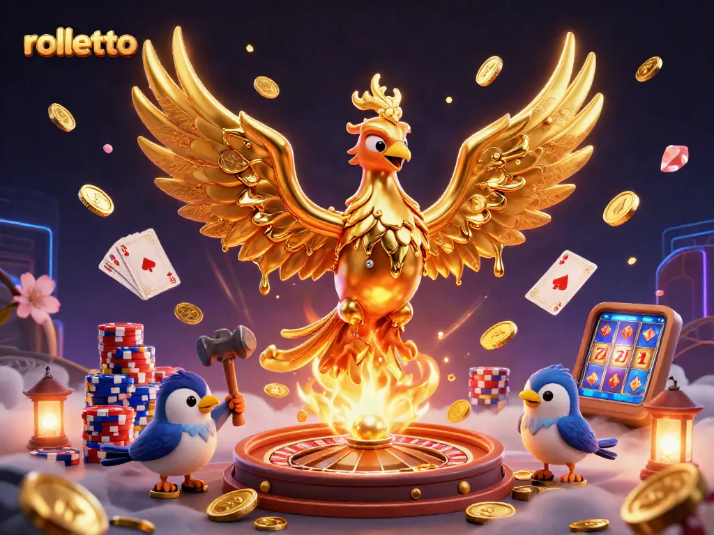 Engage with rolletto's immersive casino experience featuring golden phoenix, coins, and thrilling games.