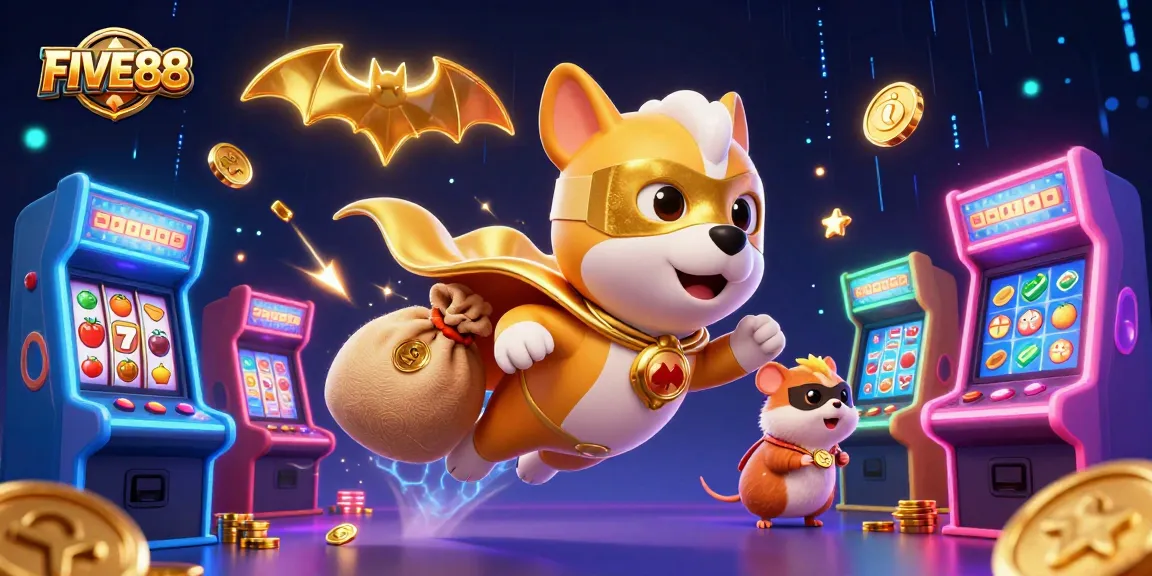Engage with the thrilling adventures of FIVE88 in this vibrant 3D casino illustration, featuring a superhero dog.