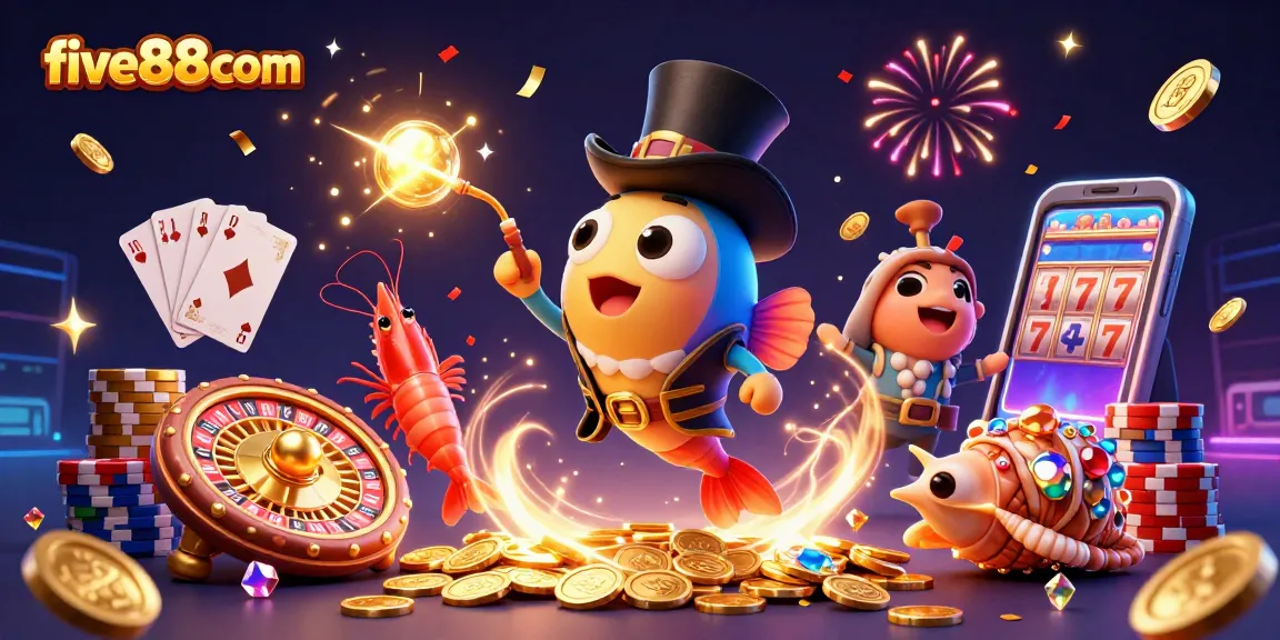 Win big at five88com with the vibrant online casino featuring a playful anglerfish and treasures.