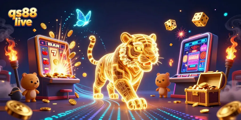 Experience qs88 live with vibrant casino scenes featuring a golden tiger and dynamic jackpots.