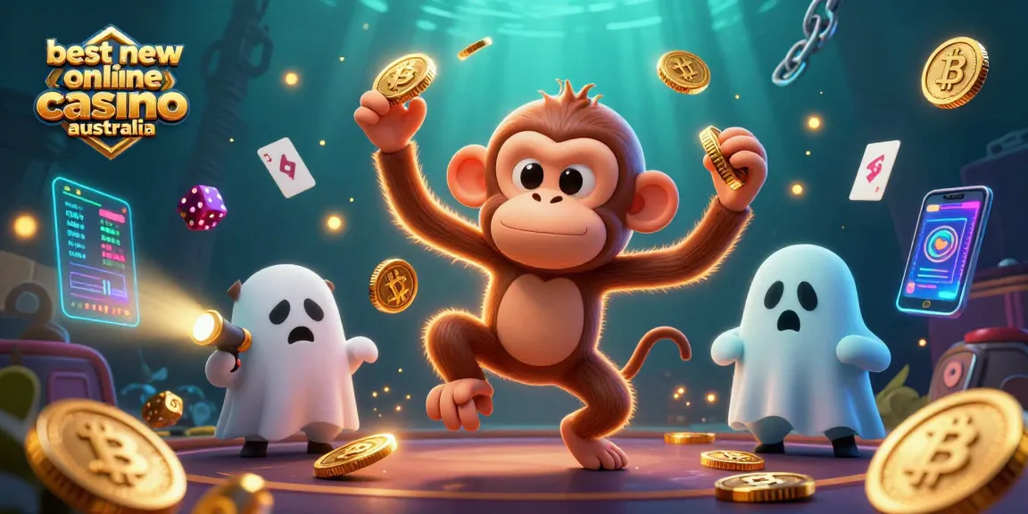 Experience the best new online casino Australia with a playful monkey and detective puppy in a vibrant casino.