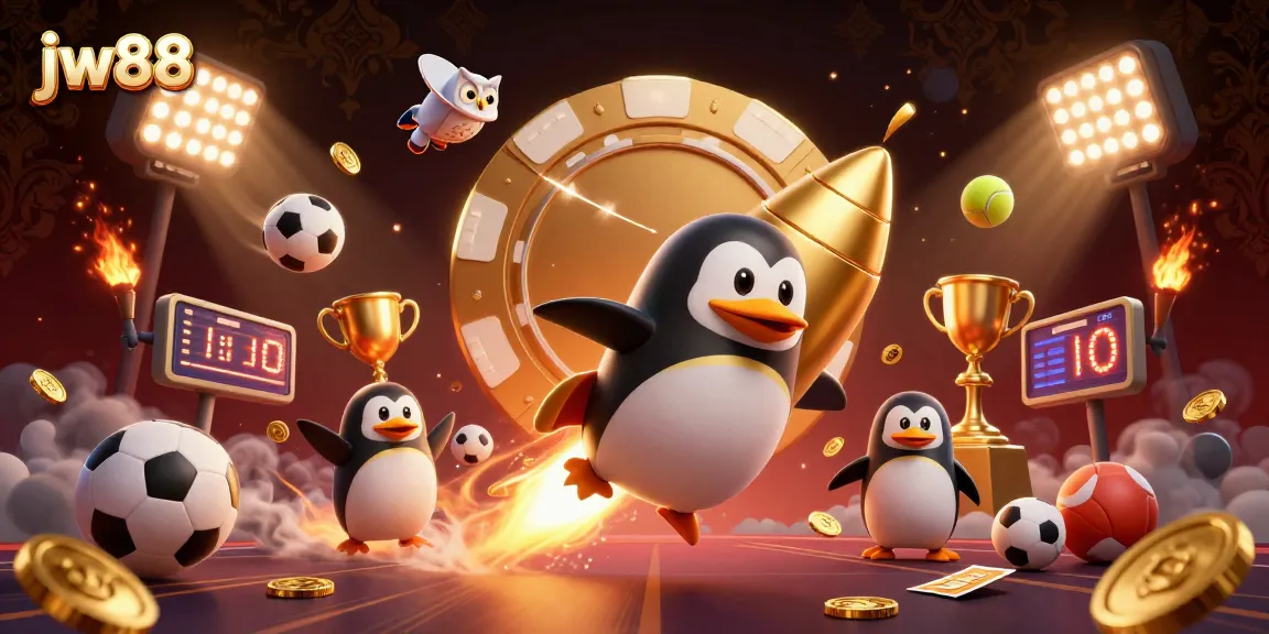 jw88 penguin blasts off into space with golden coins, gambling imagery in dynamic 3D