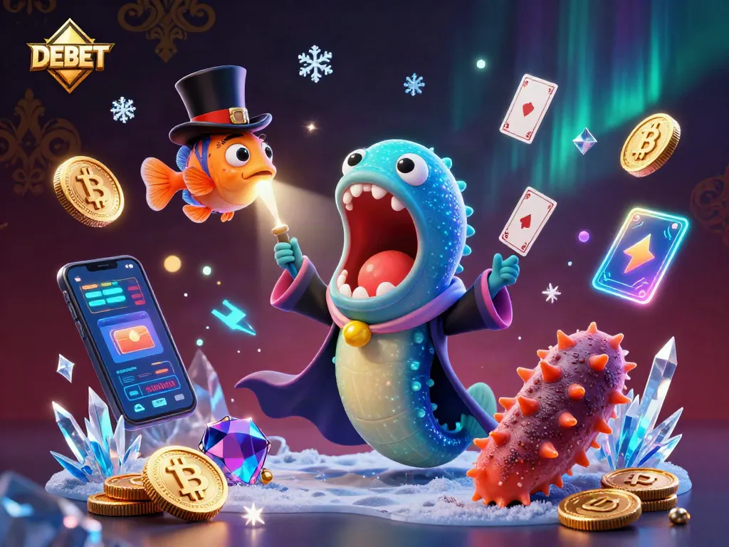 Watch the DEBET-themed magical scene with a gulper eel, anglerfish, and sea cucumber performing tricks amid crypto elements.