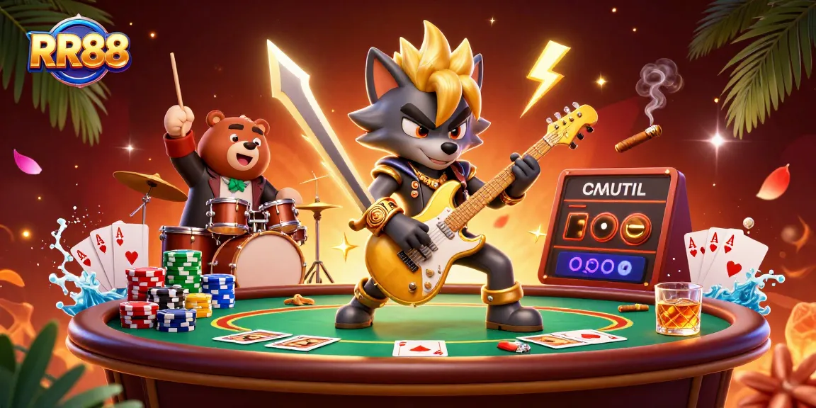 Experience thrilling RR88 casino action with a lively rock star wolf and drummer bear.