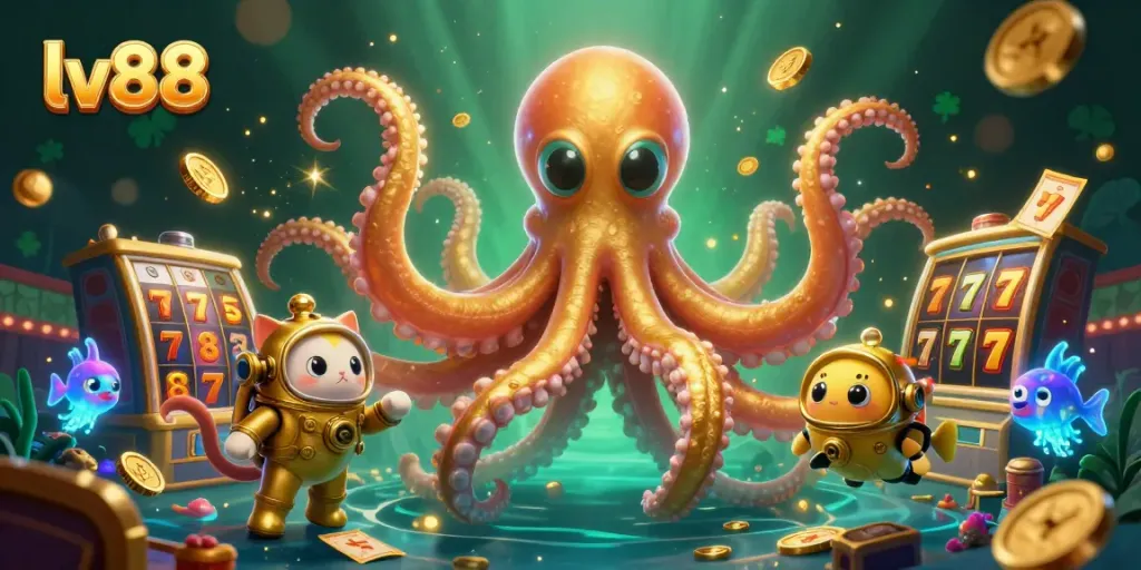 Experience thrilling moments at lv88 with an exciting 3D casino illustration featuring a kraken and a diving cat.