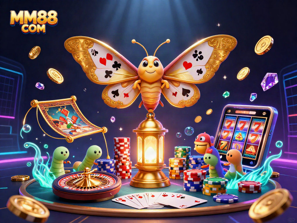Experience the excitement of MM88 COM with a 3D cartoon illustration of a vibrant casino scene.