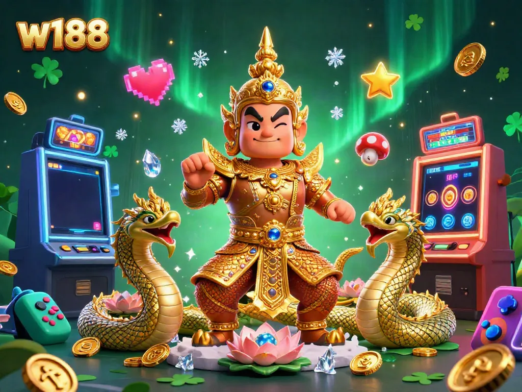 Players experience excitement with w188's vibrant casino scene filled with colorful slot machines and enchanting characters.