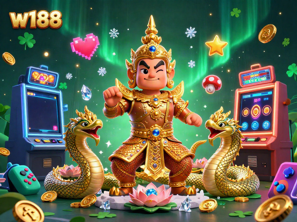 Players experience excitement with w188's vibrant casino scene filled with colorful slot machines and enchanting characters.
