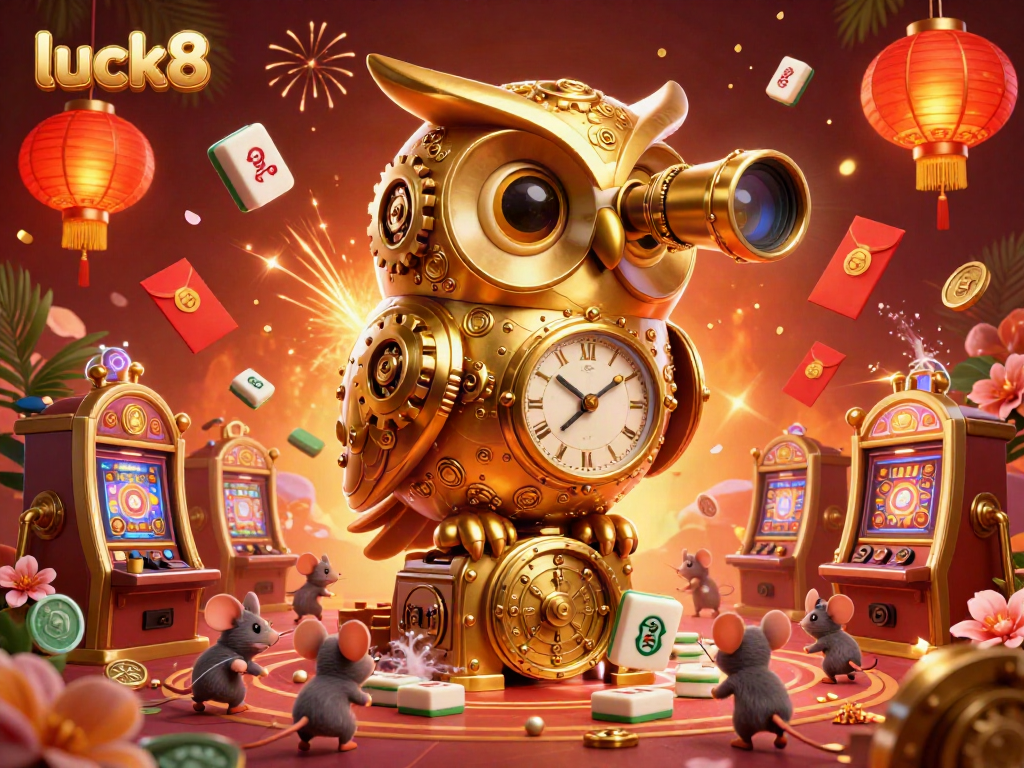Experience luck8 with a vibrant casino scene featuring a clockwork owl and lively mouse patrons amidst dynamic game elements.