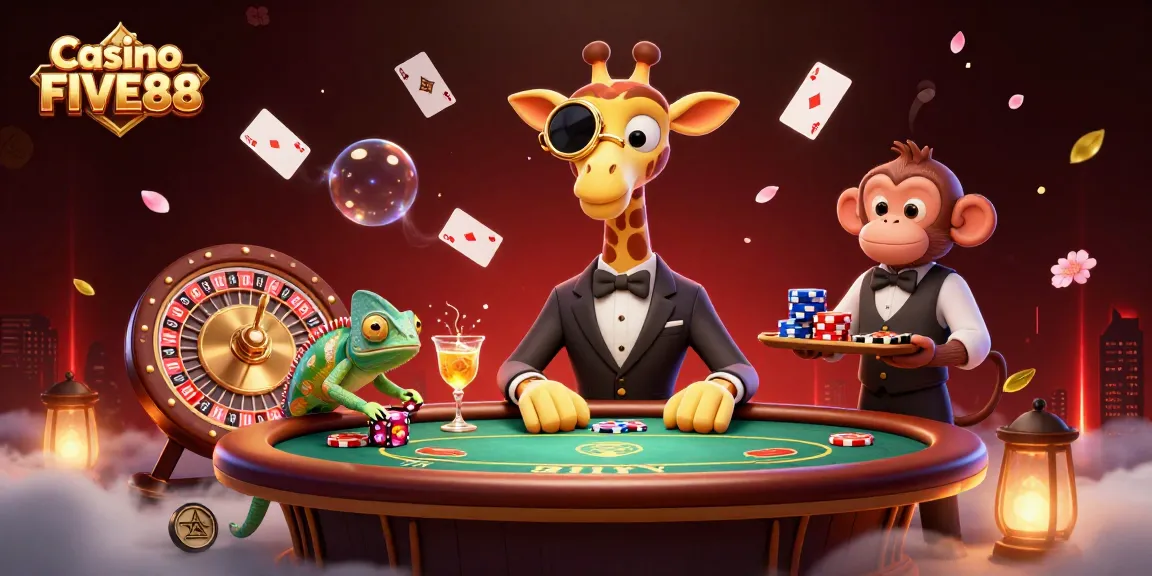 Experience the excitement of Casino FIVE88 with animated characters playing poker amidst vibrant gambling elements.