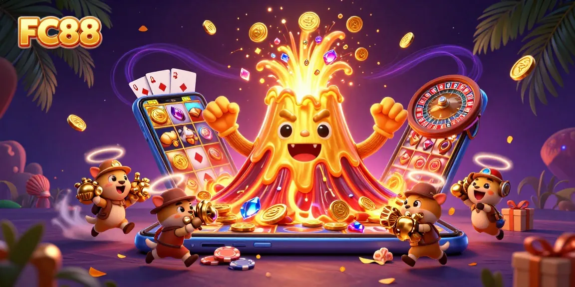 Spin the reels at FC88 casino; treasure erupts from a volcano in this vibrant illustration.