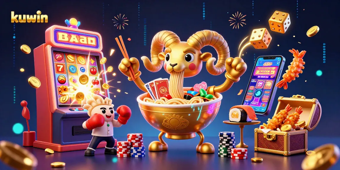 kuwin casino image featuring a giant ramen bowl dealer and vibrant gambling elements