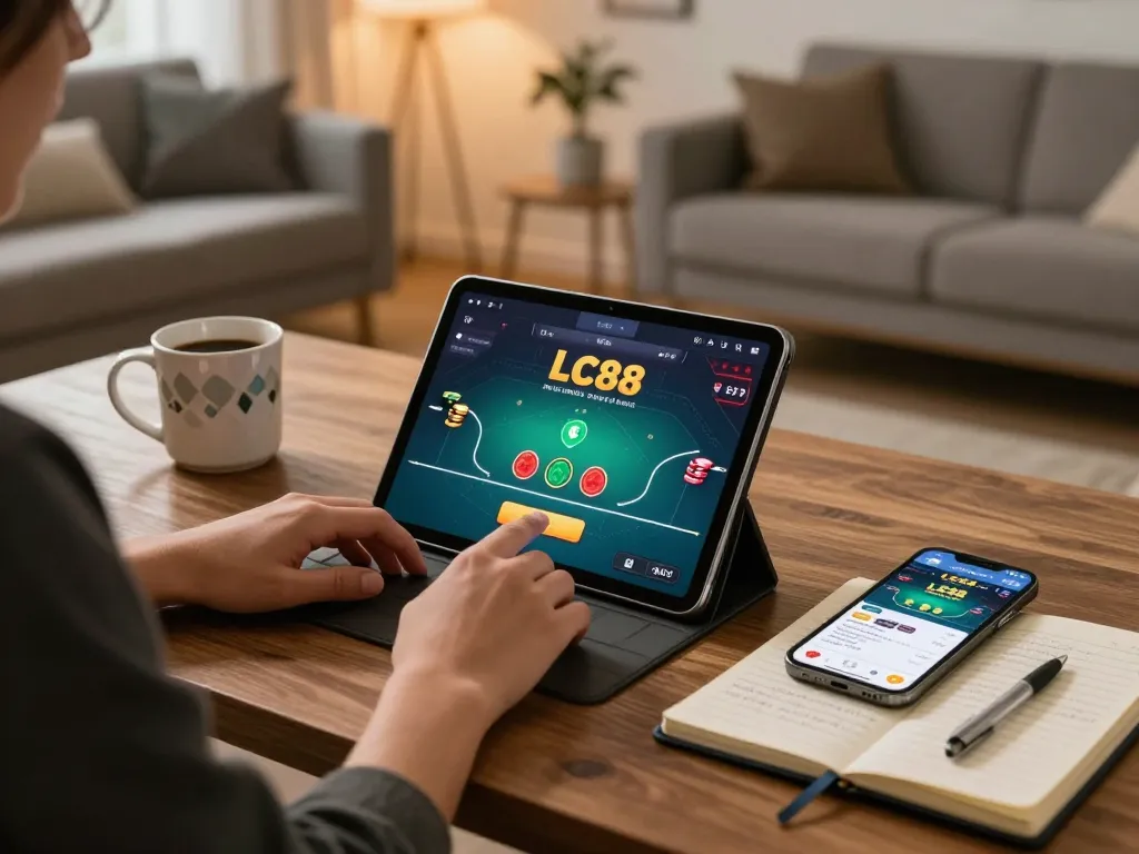 Engaging in LC88 online poker, with a person playing on a tablet amidst cozy home decor and strategy notes.