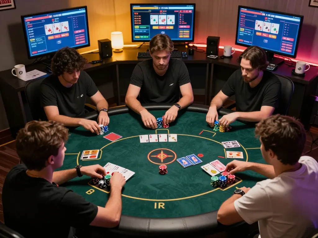 Engage in exciting online poker gameplay with windd, showing strategic bets and animated players.