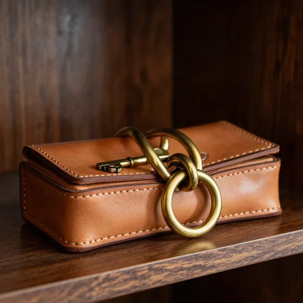 Brass rings bridging leather cases and keys on a dark walnut shelf