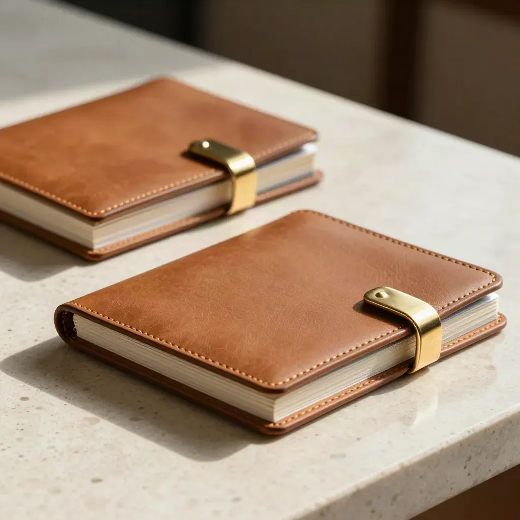 Two leather business file sets clipped together on travertine, matched like a referral pair.