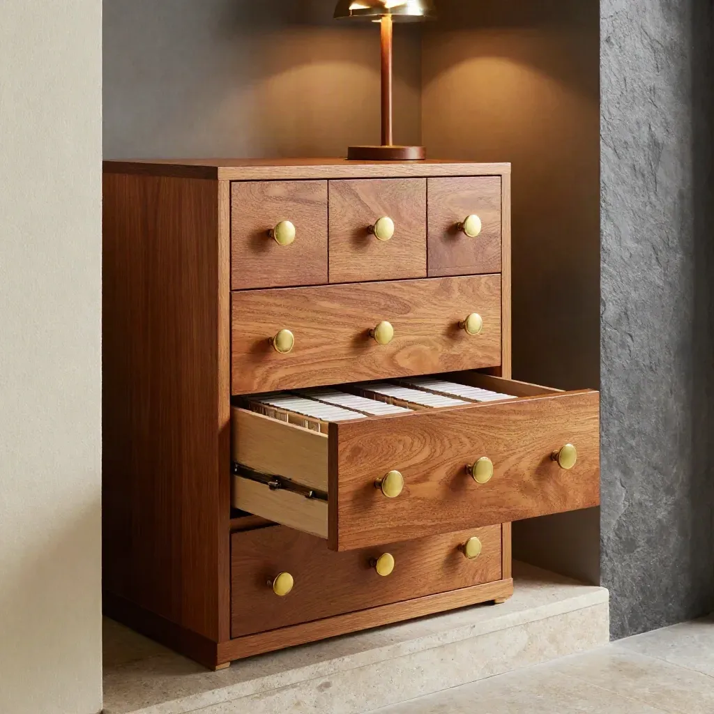 Brass-tab directory cabinet with leather spines and a low lamp in a quiet reception nook.