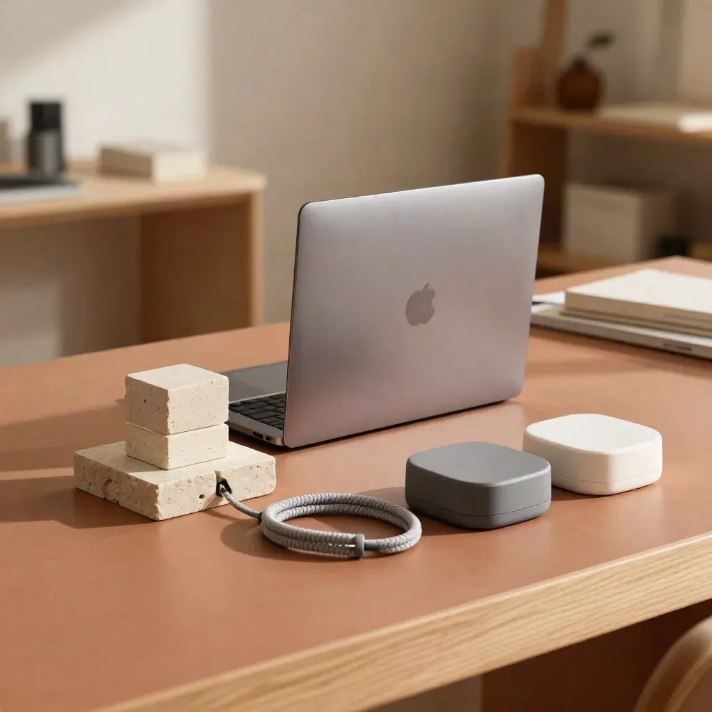 Closed laptop, prototype blocks, charging coil and matte housings on a terracotta workbench.