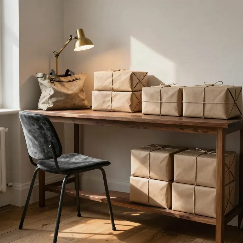Warm studio shelf with finished parcels, courier tote, lamp, and empty chair