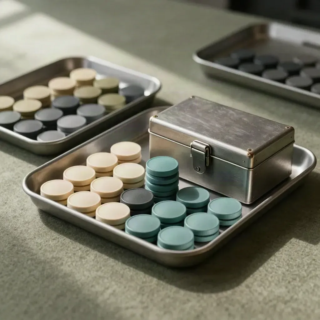 Overhead trays, teal chips and a lockbox form a shared lead inbox on dusty olive felt.