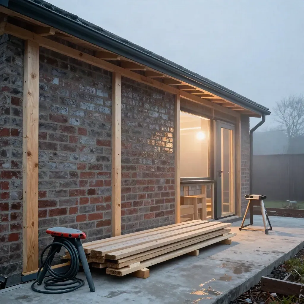 Finished brick-and-timber extension at dusk with stacked planks, tools tucked away, and misty light.