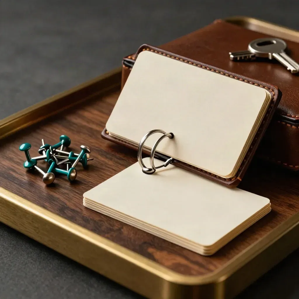 Linked ring clips, teal map pins, and a card case on walnut, lit dramatically.