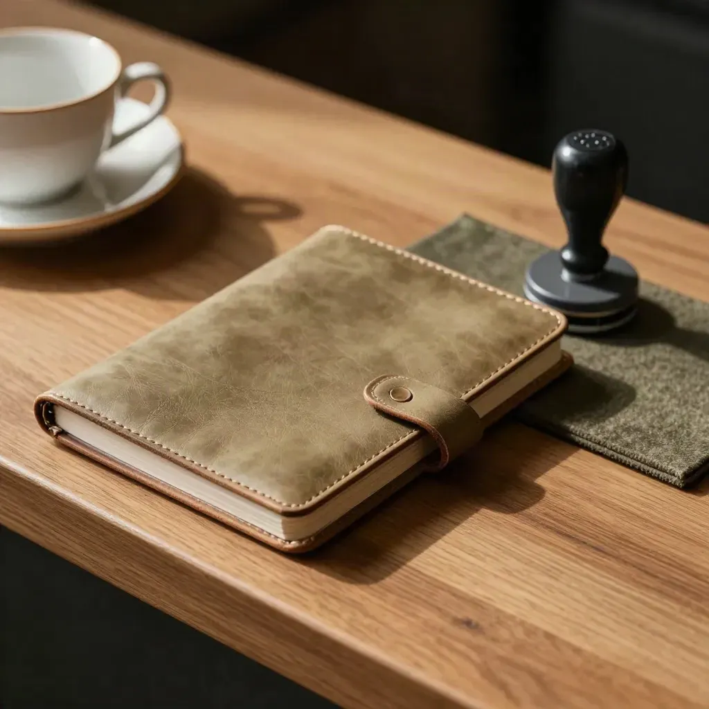 Leather notebook cover, ceramic cup rim and stamp base on a felt mat in warm daylight.