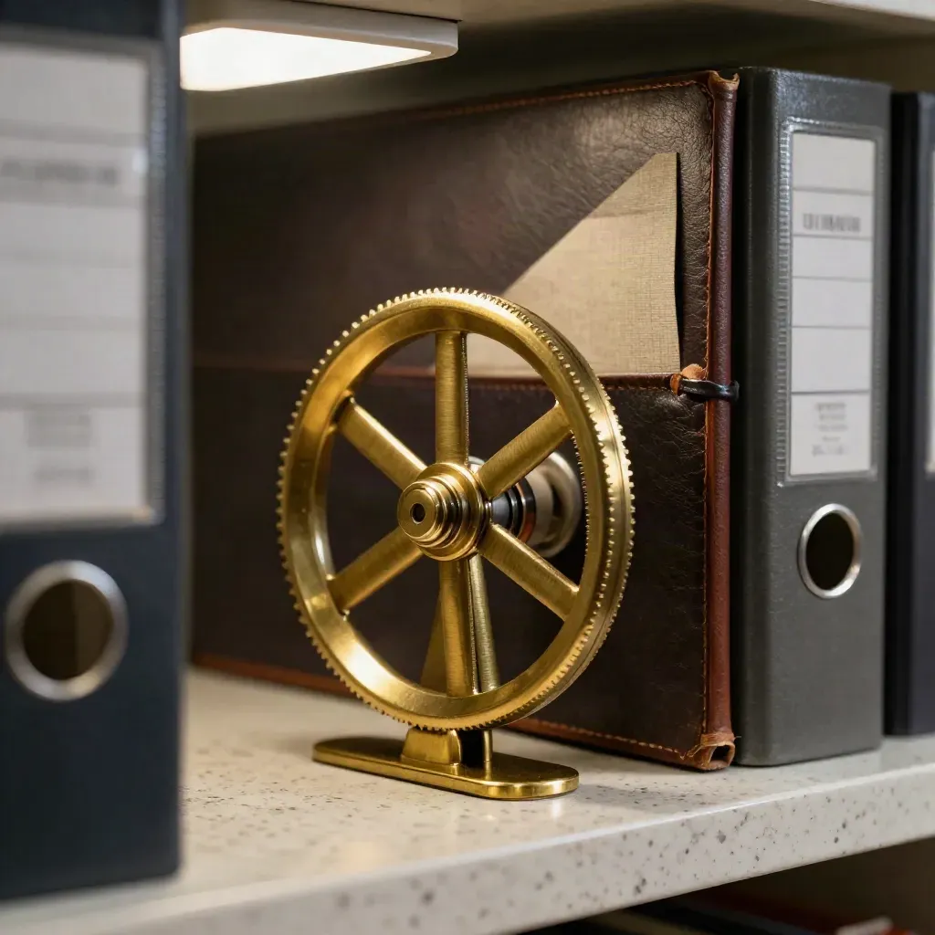 Macro still life of brass index wheel, membership fob and tabbed archive file on travertine