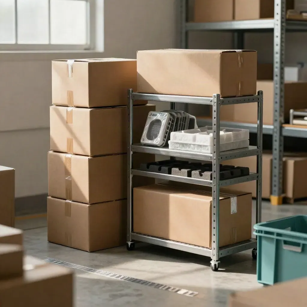 Sealed prototypes and shipping cartons staged on steel shelves in a warehouse launch corner