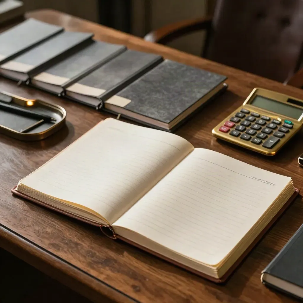 Top-down walnut desk with ledgers, brass calculator and a page curling in soft daylight.