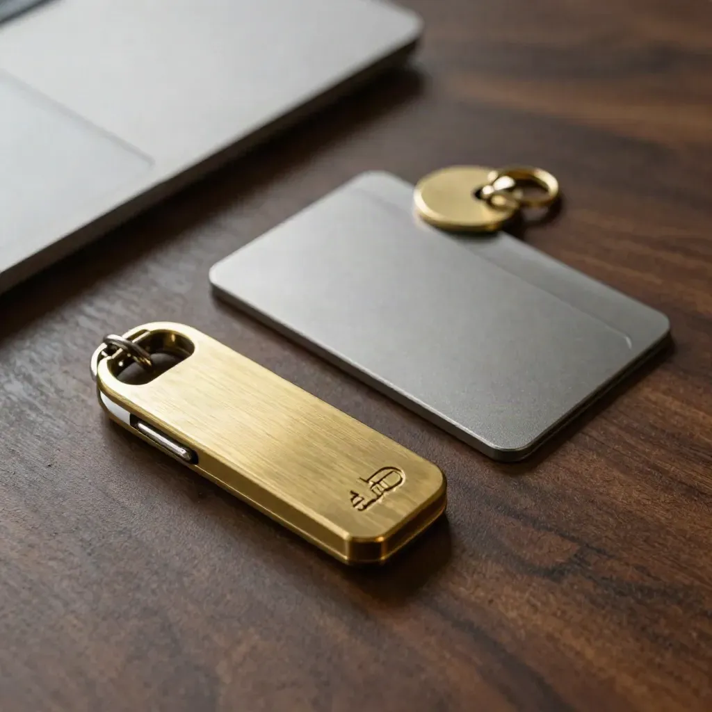 Brass key fob, metal sleeve, and circular token on dark walnut, side-lit in a clean macro still life.
