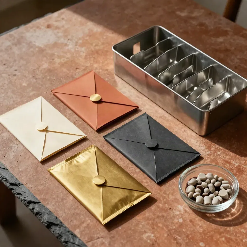 Top-down tray of lead-share markers, brass packets and steel sort rack on terracotta stone.