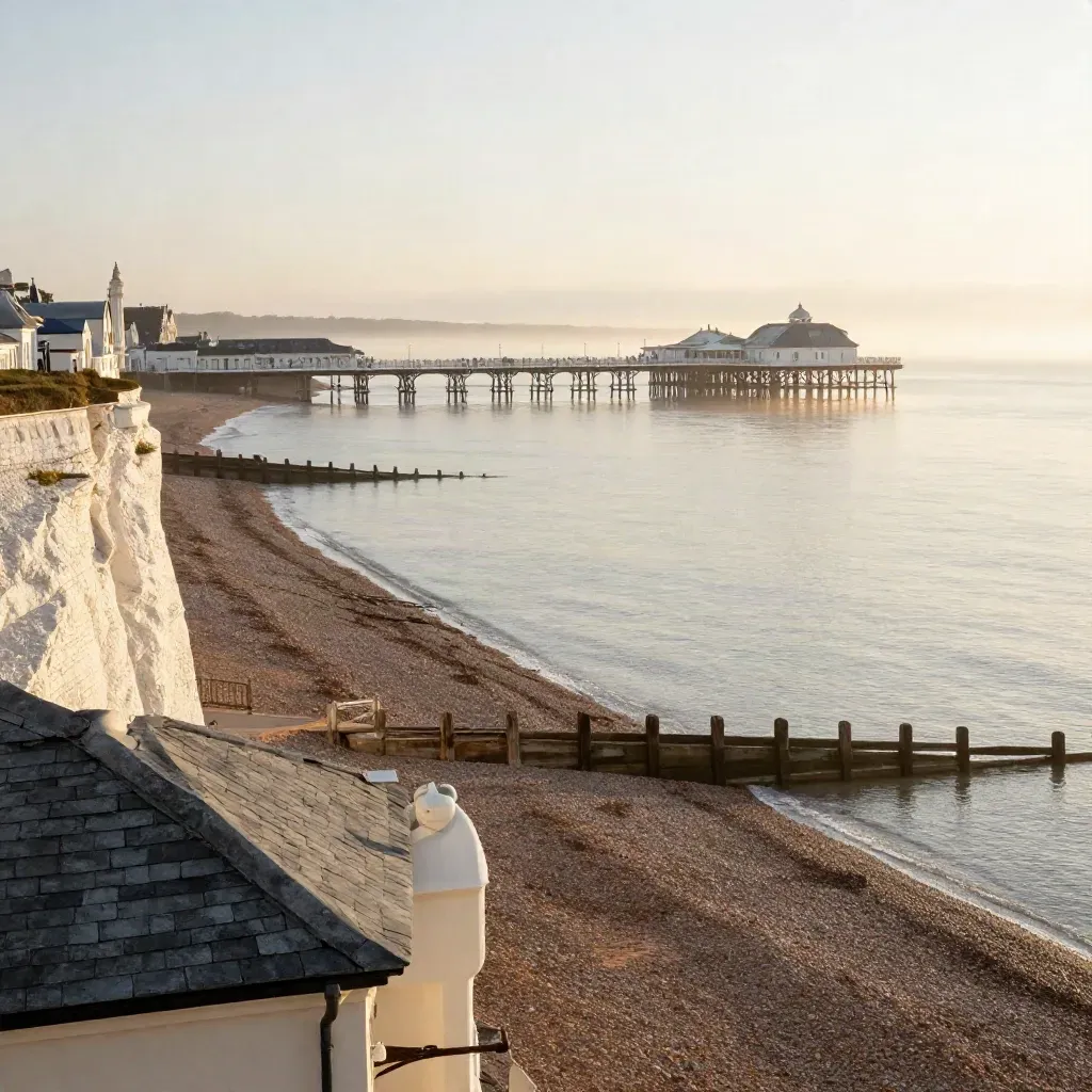 Bright sunrise over Brighton pier, chalk cliffs and misty sea from a high coastal vantage.