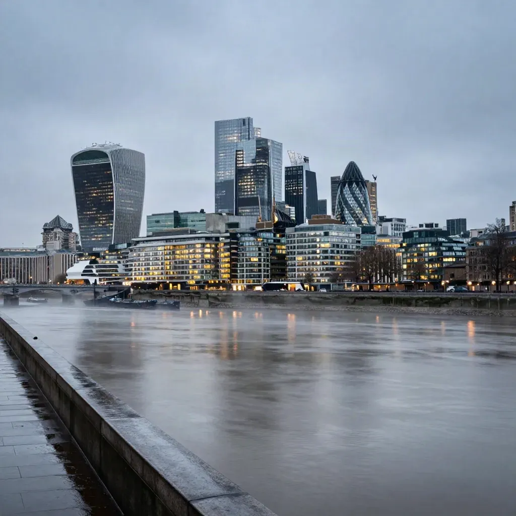 London skyline from South Bank above the Thames at blue hour after rain, mist and reflections