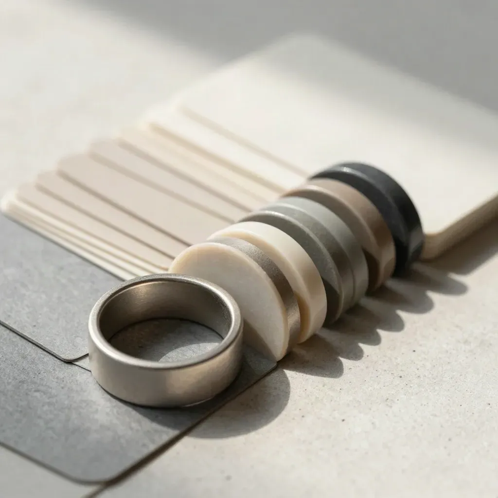 Overhead macro of slate tab tray, stacked rings and muted tokens on pale concrete.