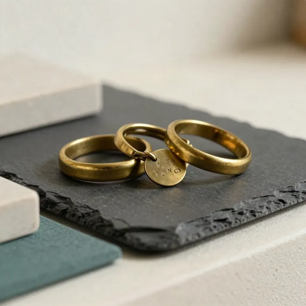 Brass rings and event token on a slate tray with muted teal accent light