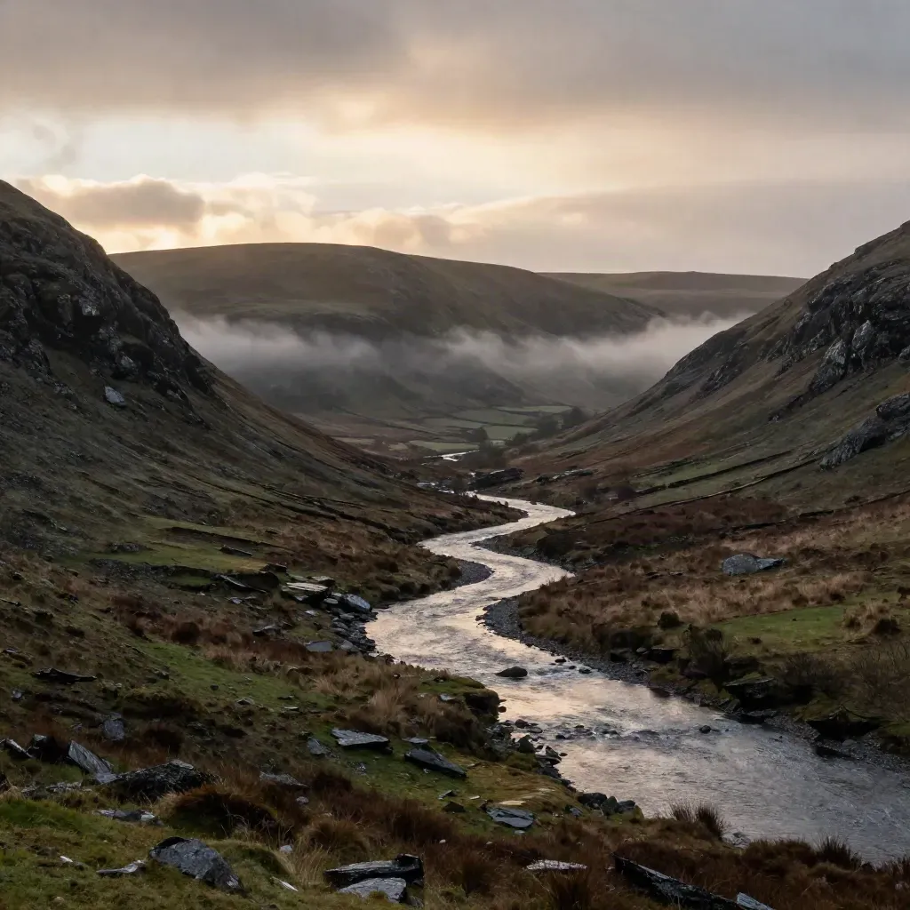 Sunset Lake District valley with mist, slate hills and dark water