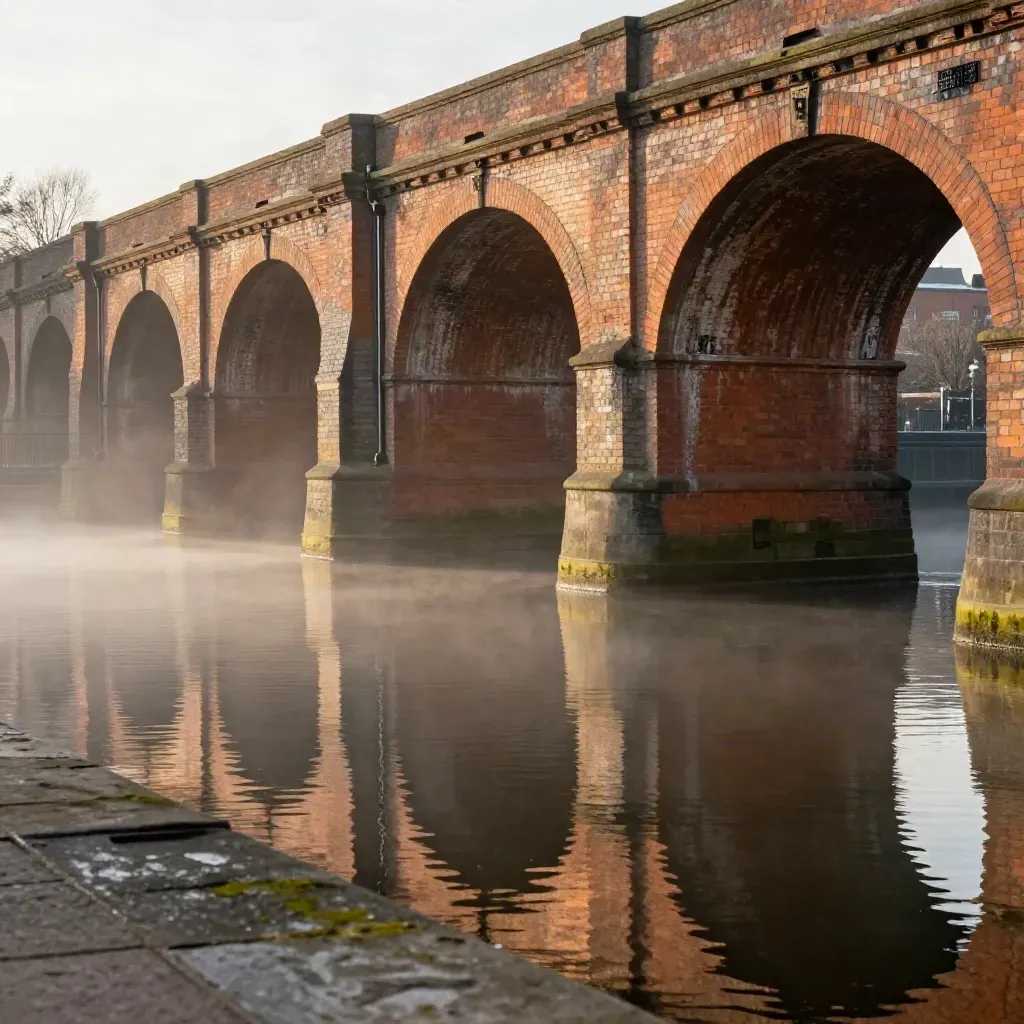 Birmingham canal viaduct and calm water under warm late-afternoon light