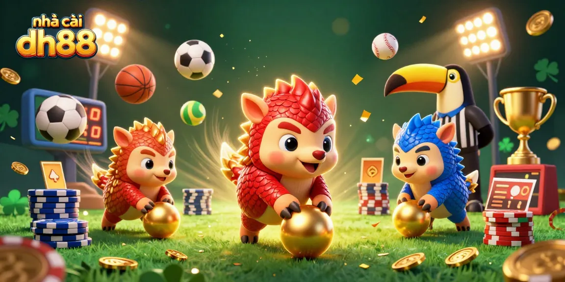 Engage with the vibrant scene of the nhà cái dh88 featuring rival pangolins in action amidst golden casino elements.