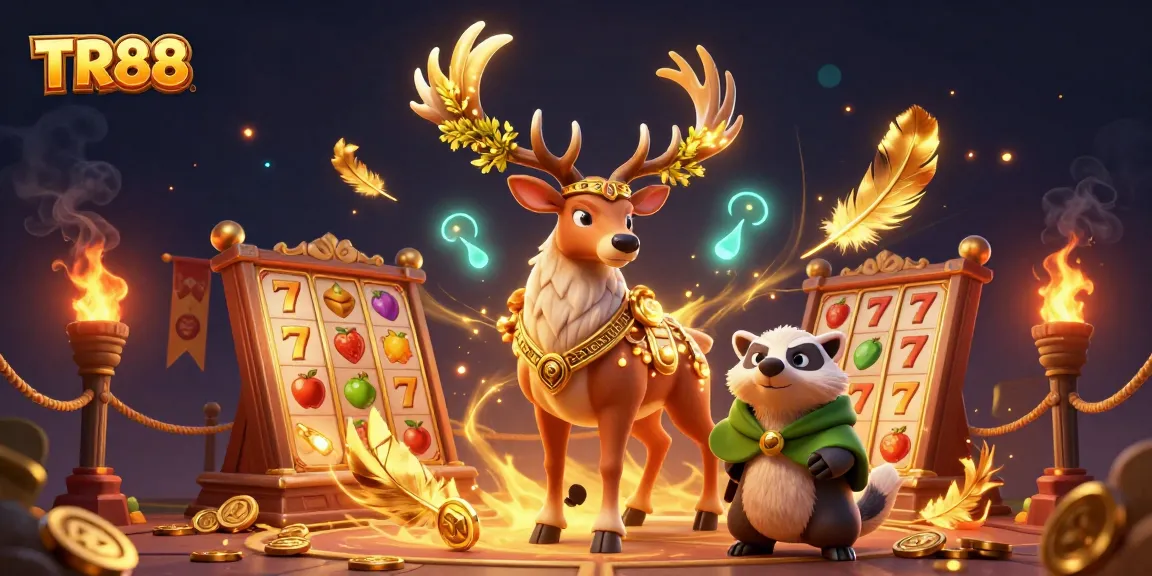 Experience TR88 with the Celtic stag and wise badger in a vibrant casino scene filled with slot elements.