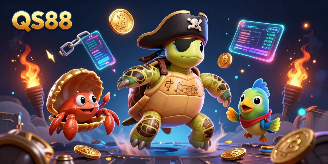 Experience winning opportunities at QS88 with vibrant casino-themed illustration featuring a pirate turtle and crypto elements.