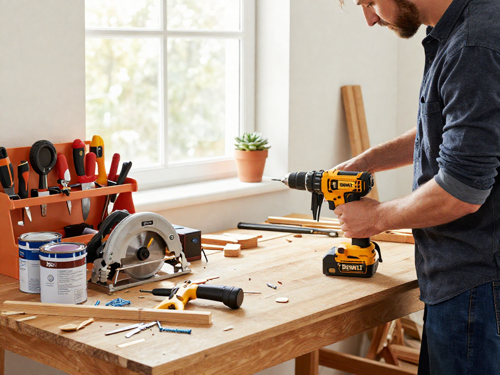 Dewalt fast charger powering cordless tools in a bright DIY workshop, showcasing home improvement activity.