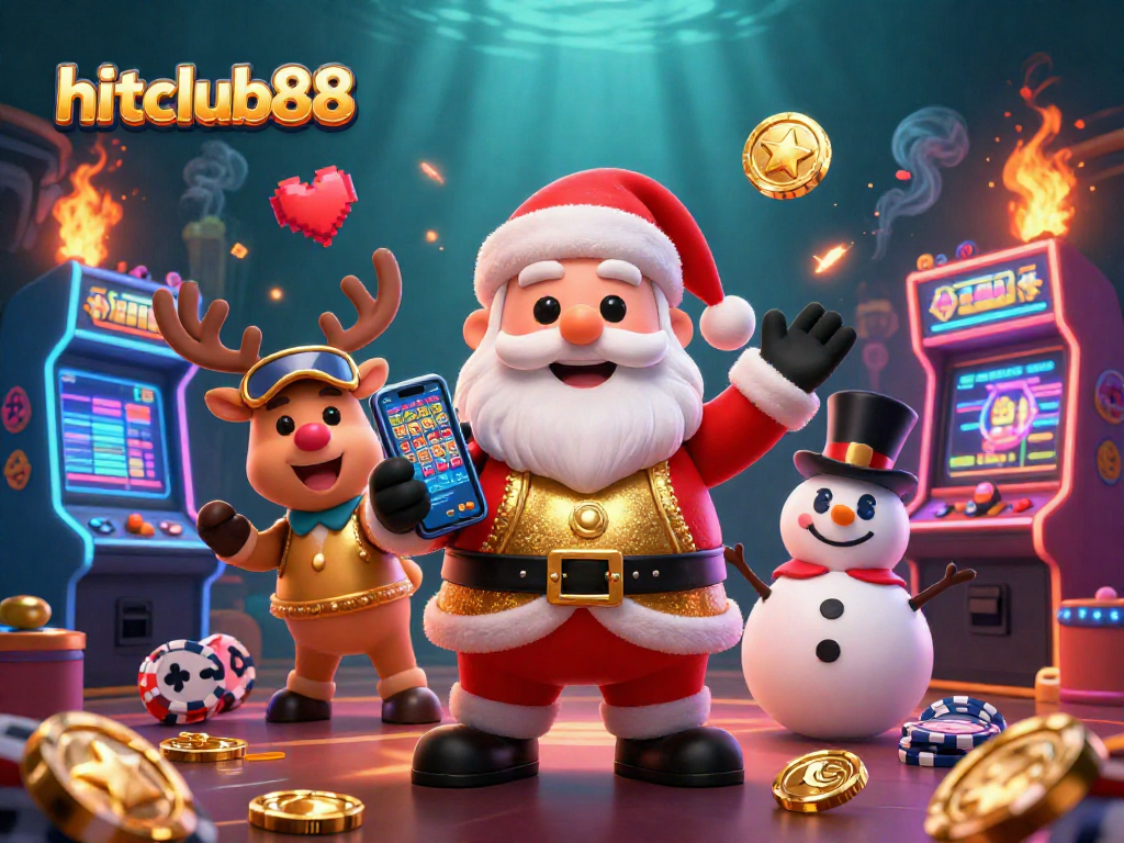 Experience hitclub88 with a festive 3D Santa celebrating jackpot slots alongside casino-themed companions.