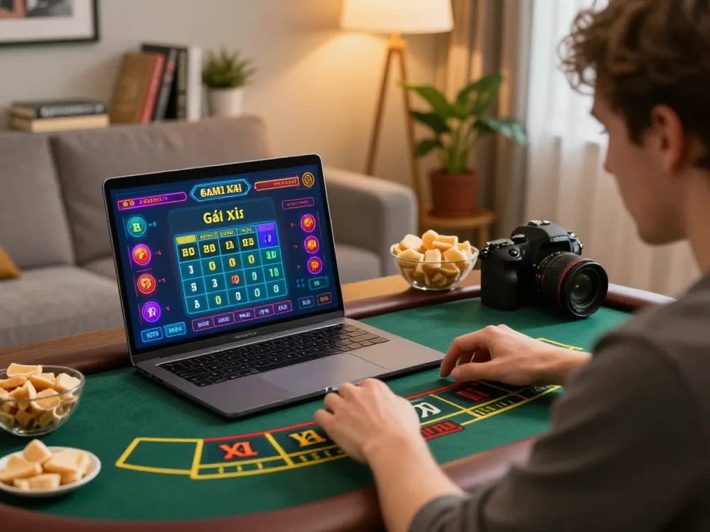 Engaged player enjoying Game tài xỉu on laptop with vibrant interface in cozy room.