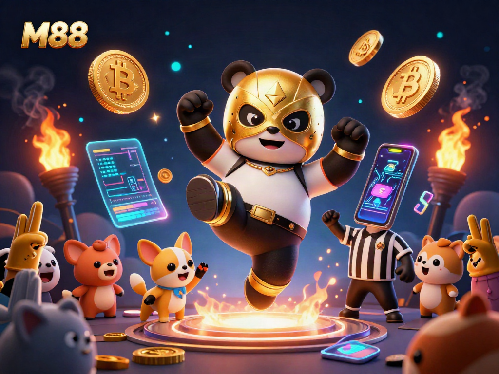 M88 invites players into a vibrant crypto casino scene featuring a panda wrestler in action.
