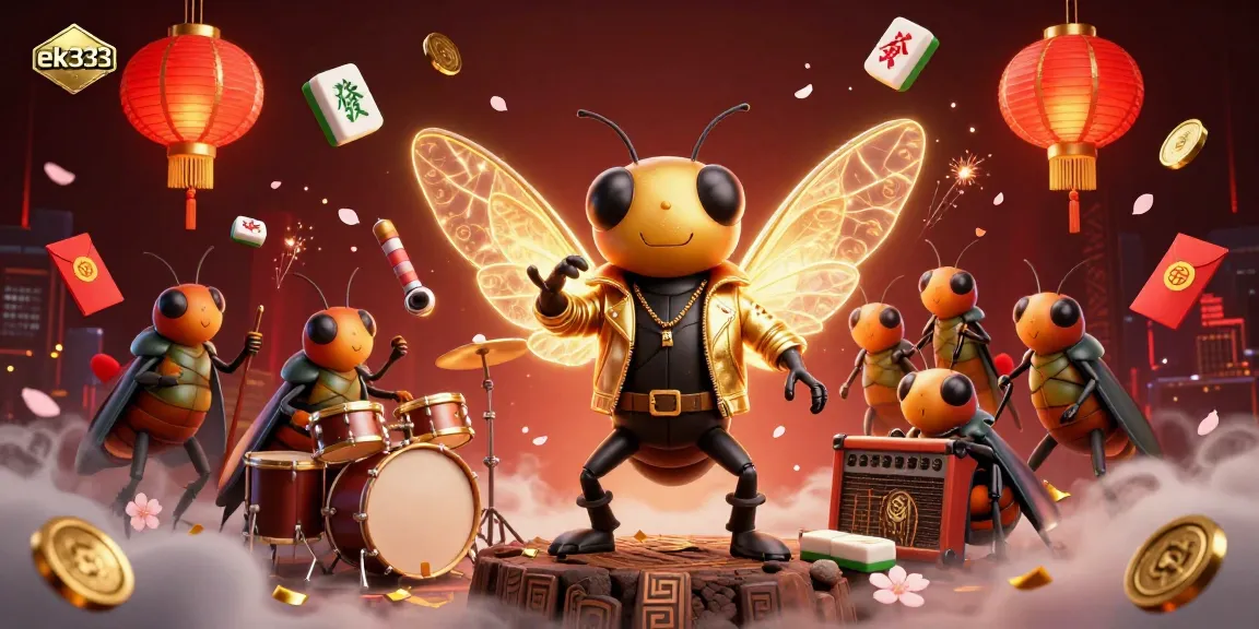 Experience the vibrant energy of ek333 with a lively casino scene featuring a rock star cicada.