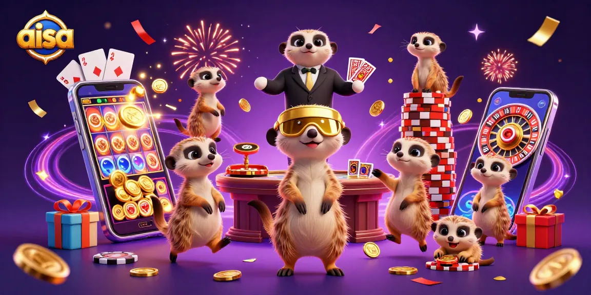 Aisa meerkat casino scene depicting excitement with cards and chips in vibrant colors.